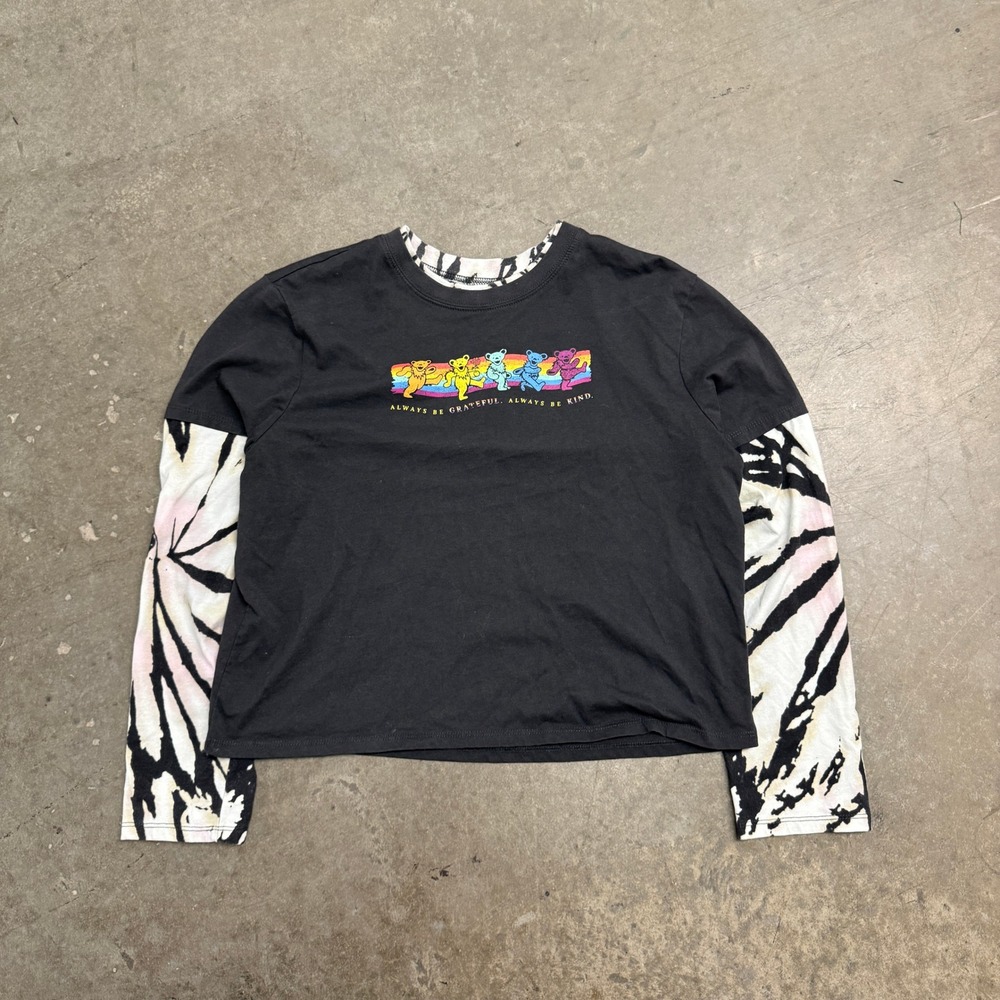 Grateful Dead Dancing Bears Layered Tie Dye Long Sleeve Crop T-Shirt XL Black